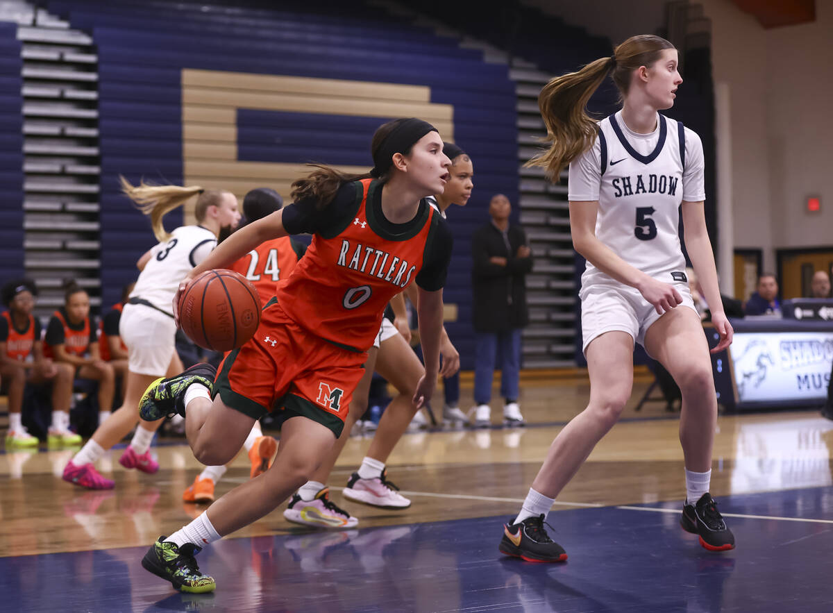 Mojave’s Isabella Crawford (0) drives the ball after getting a rebound during a basketba ...