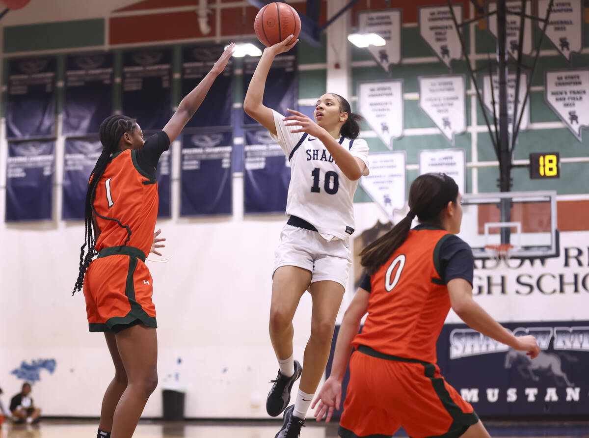 Shadow Ridge forward Jaslyn Jefferson (10) shoots against Mojave’s A'yanna Johnson ...