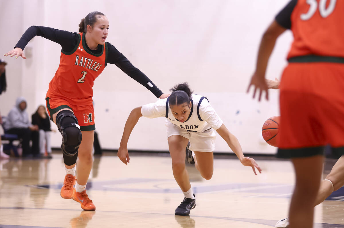 Shadow Ridge forward Jaslyn Jefferson (10) gets fouled by Mojave’s Isabella Zayas (2) du ...