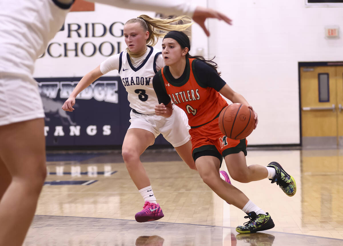 Mojave’s Isabella Crawford (0) brings the ball up court under pressure from Shadow Ridge ...