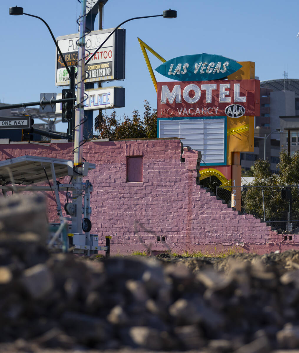 A construction crew works to demolish the former Gables Motel, which opened as Las Gables Court ...