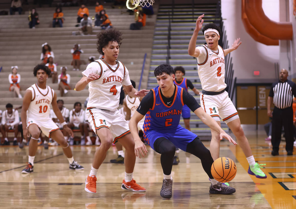 Bishop Gorman guard Dino Roberts (2) drives the ball against Mojave guard Jayden Luna (4) durin ...