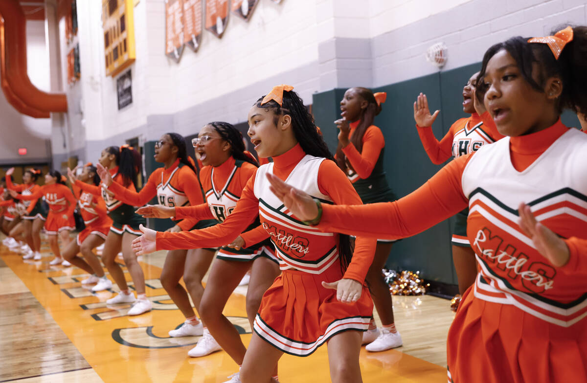 Mojave cheerleaders perform during a basketball game against Bishop Gorman at Mojave High Schoo ...