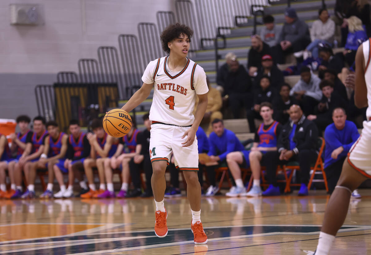Mojave guard Jayden Luna (4) brings the ball up court against Bishop Gorman during a basketball ...