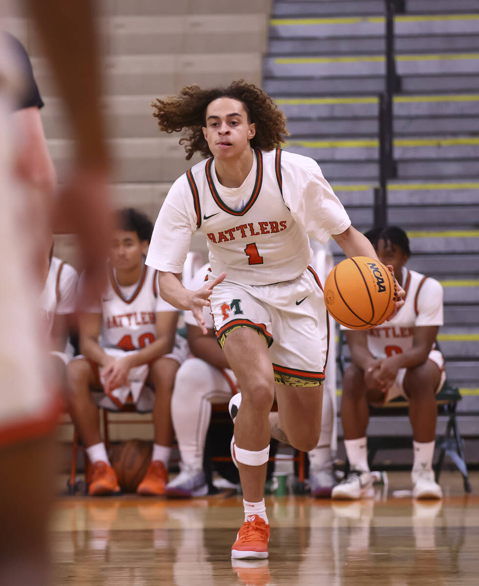 Mojave forward Devin Thomas (1) looks to shoot during a basketball game against Bishop Gorman a ...