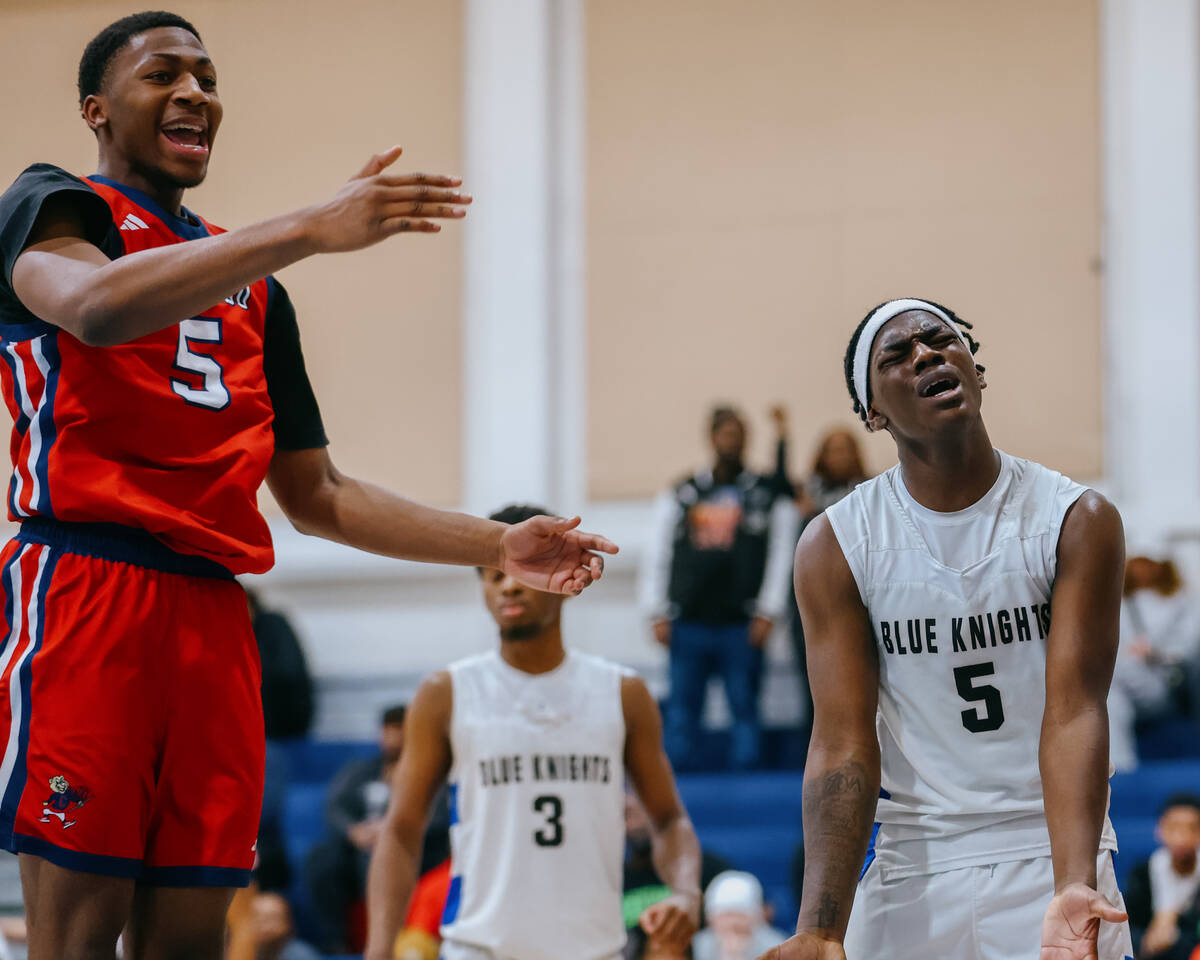 Coronado wing DeVaughn Dorrough (5) and Democracy Prep shooting guard Elizja Scott (5) react af ...