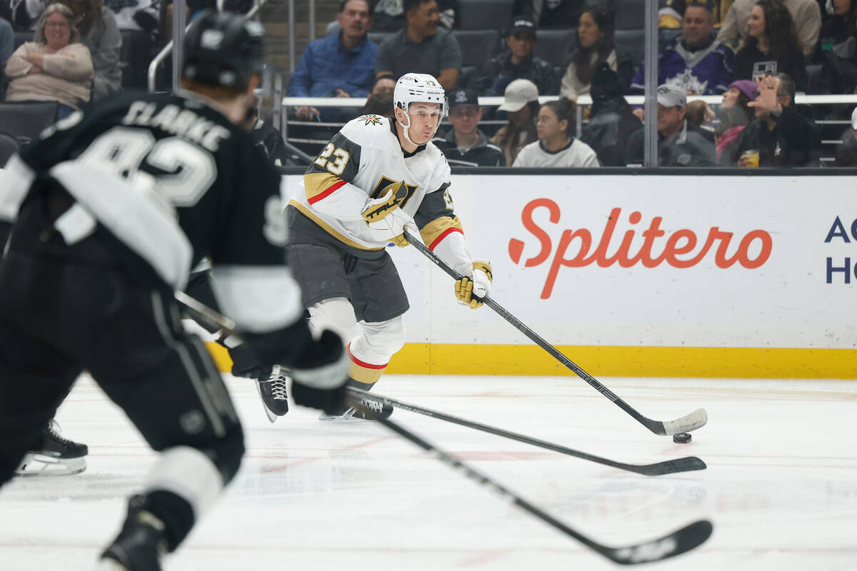 Vegas Golden Knights left wing Cole Reinhardt (23) looks to take a shot on goal as Los Angeles ...