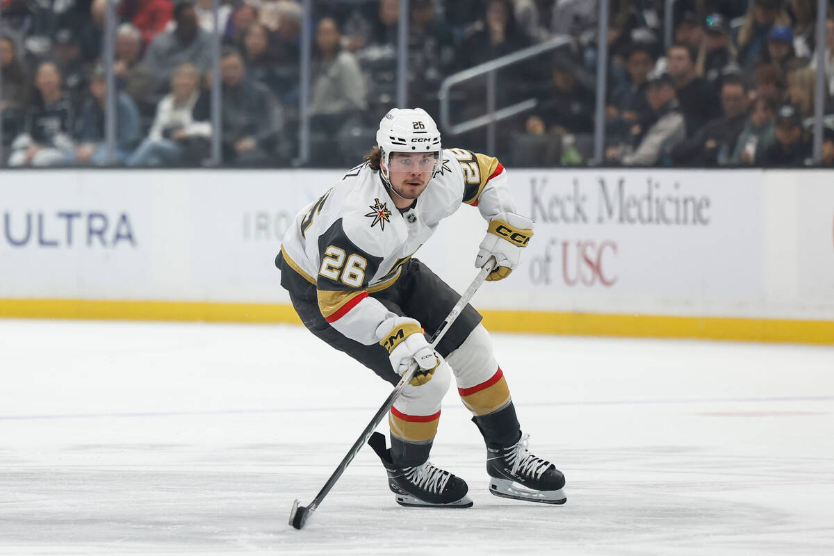 Vegas Golden Knights right wing Alexander Holtz (26) skates with the puck during the first peri ...