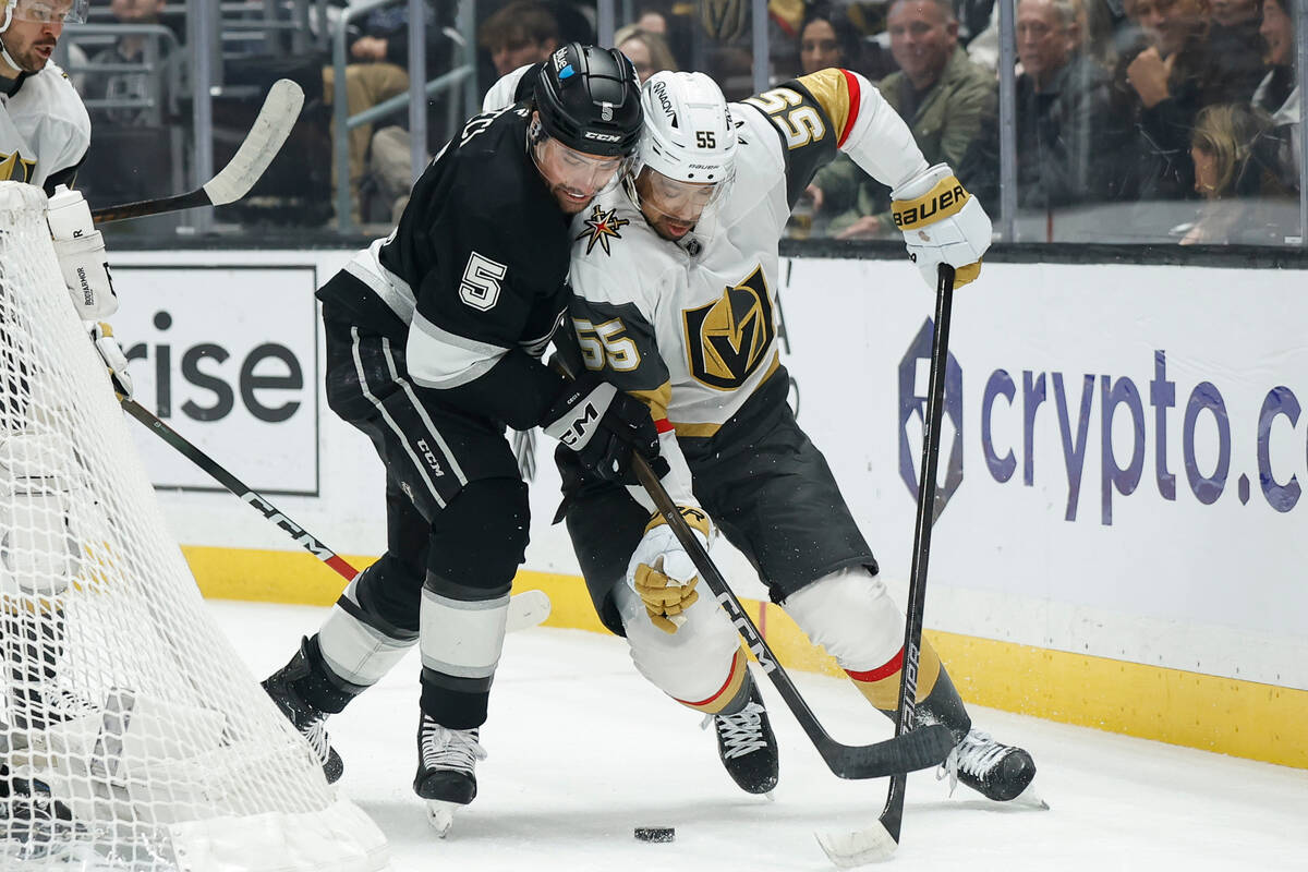 Los Angeles Kings defenseman Cody Ceci (5) and Vegas Golden Knights right wing Keegan Kolesar ( ...