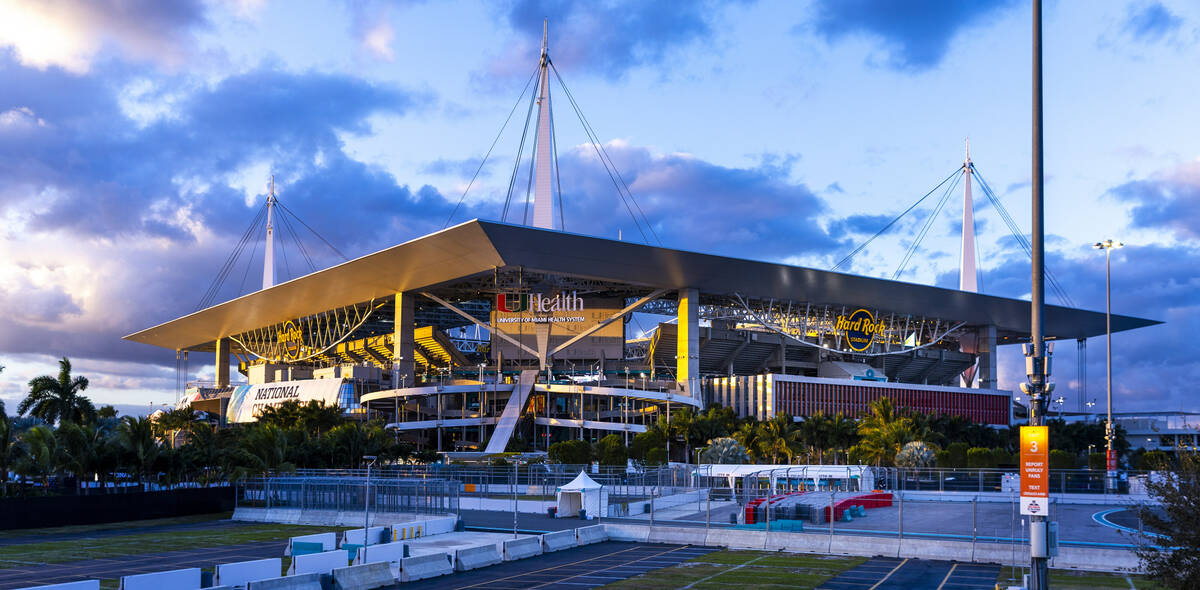 Exterior of the Hard Rock Stadium as they prepare for the College Football Playoff national cha ...