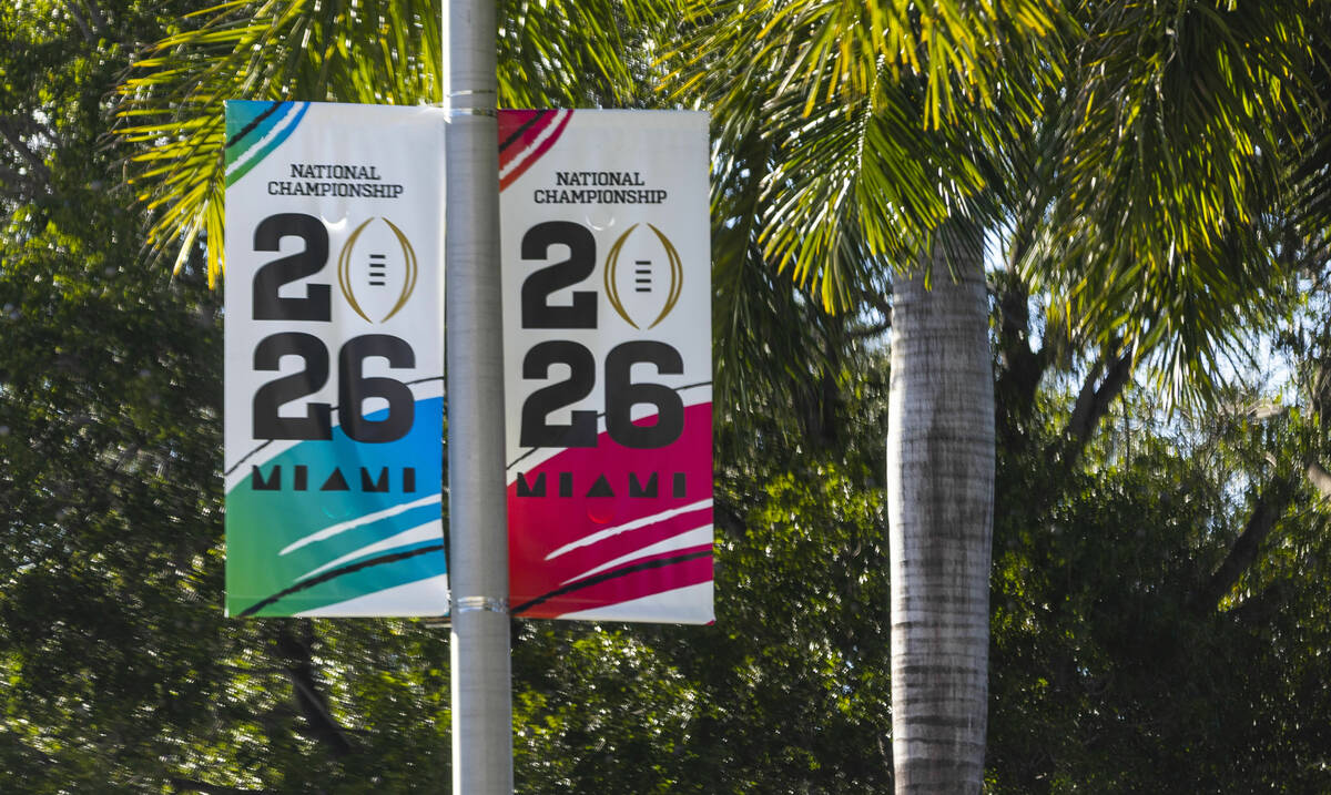 Banners hung outside the Hard Rock Stadium as they prepare for the College Football Playoff nat ...