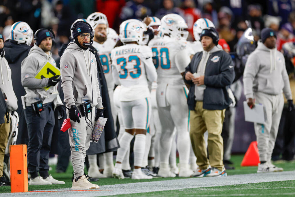 Miami Dolphins head coach Mike McDaniel reacts on the sideline during the second half of an NFL ...