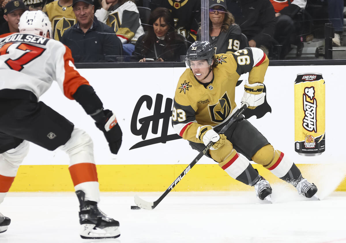 Golden Knights right wing Mitch Marner (93) skates with the puck against the Philadelphia Flyer ...