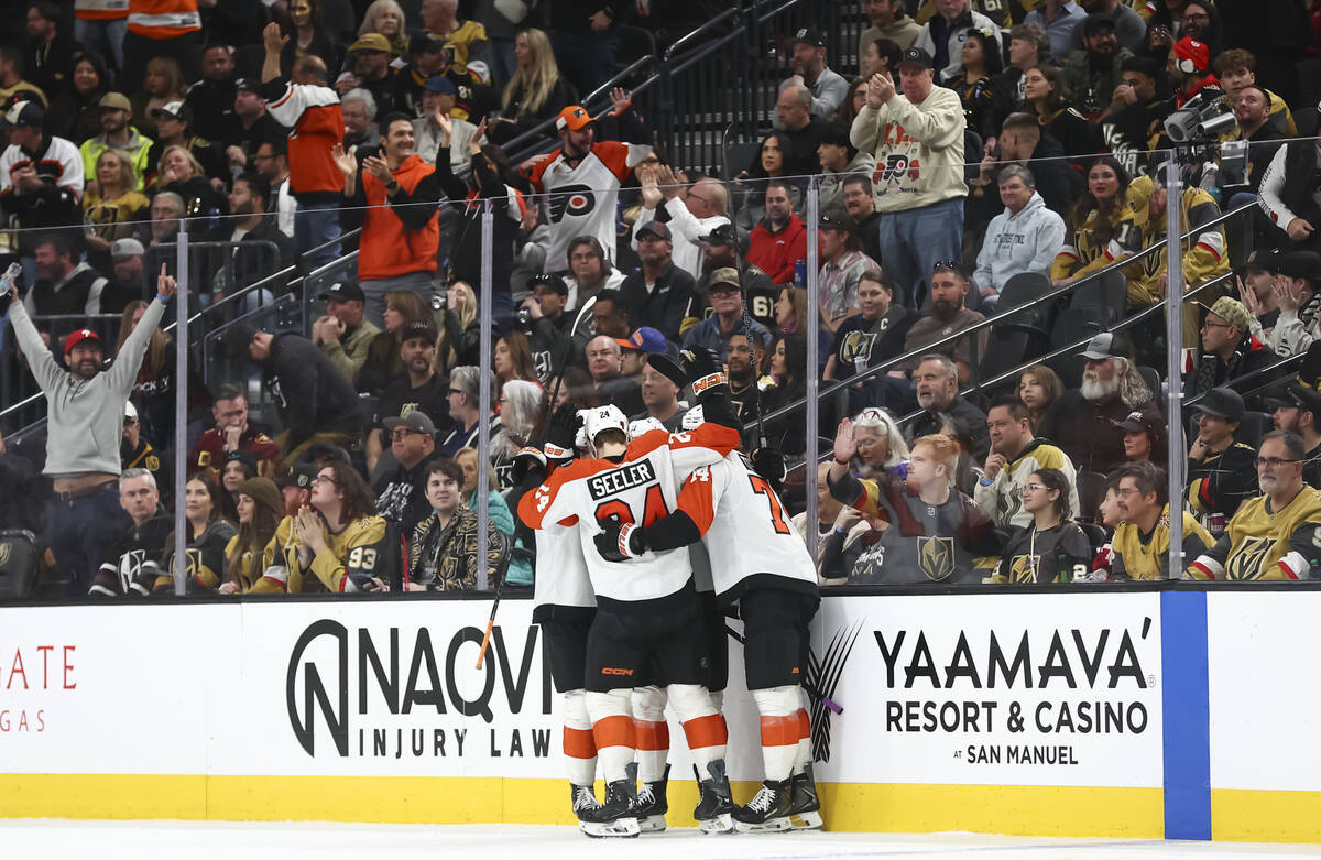The Philadelphia Flyers celebrate a goal against the Golden Knights during the third period of ...