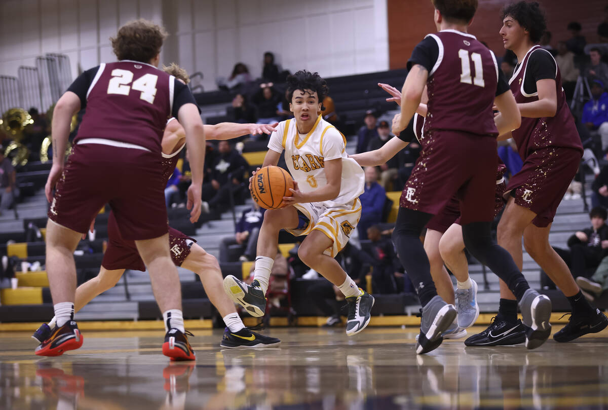 Clark's CJ Edwards (0) drives the ball against Faith Lutheran during a basketball game at ...