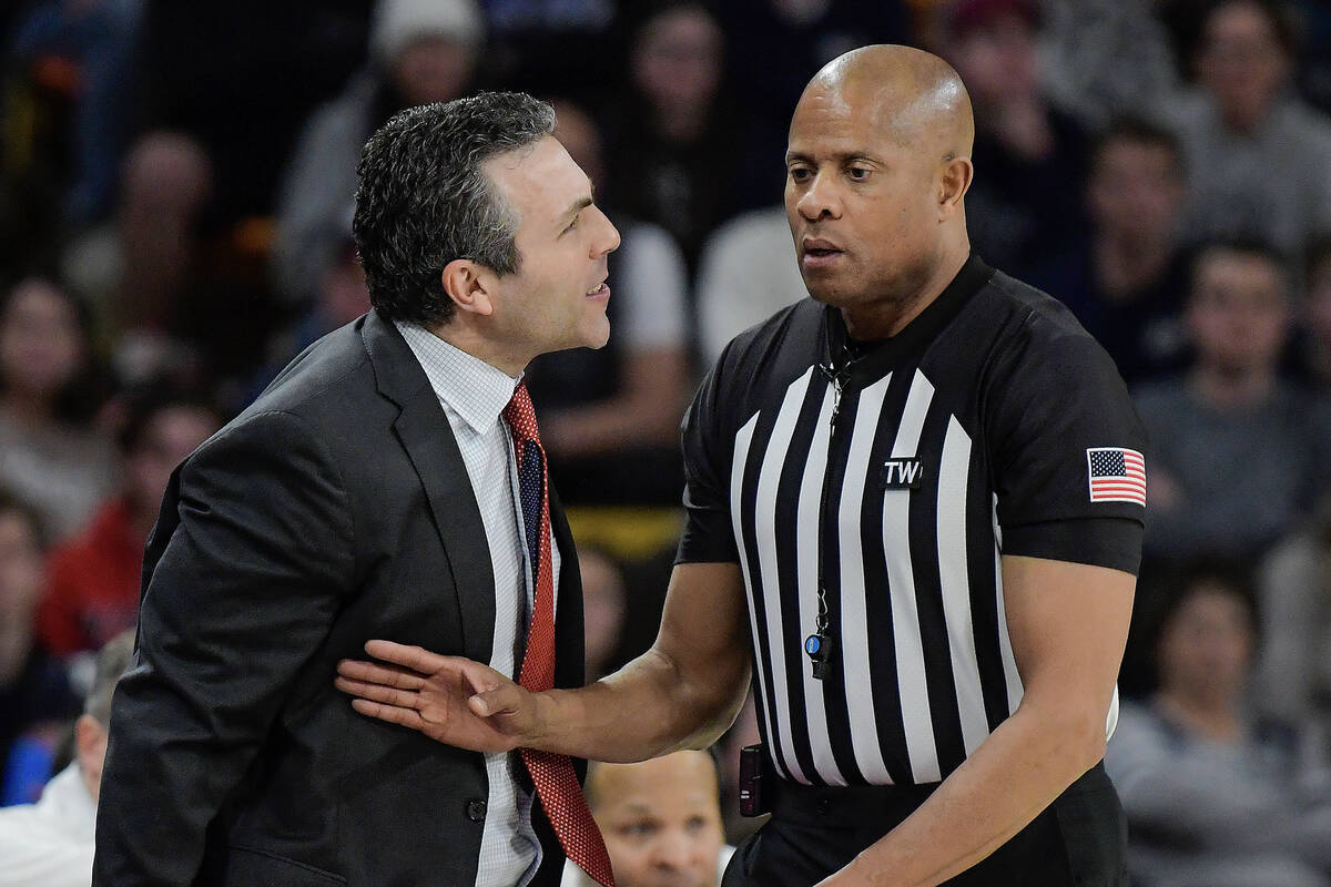 UNLV head coach Josh Pastner yells at a referee Michael Irving on Tuesday, Jan. 20, 2026, in Lo ...