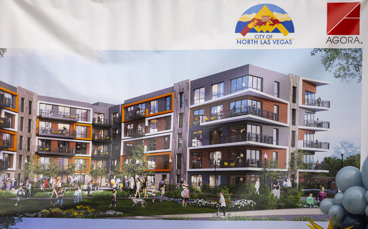 A rendering shows apartments slated to be developed during an event to kick off the demolition ...