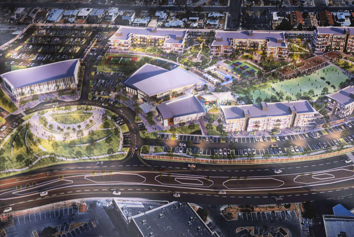 A rendering shows a mixed-use development during an event to kick off the demolition of the old ...