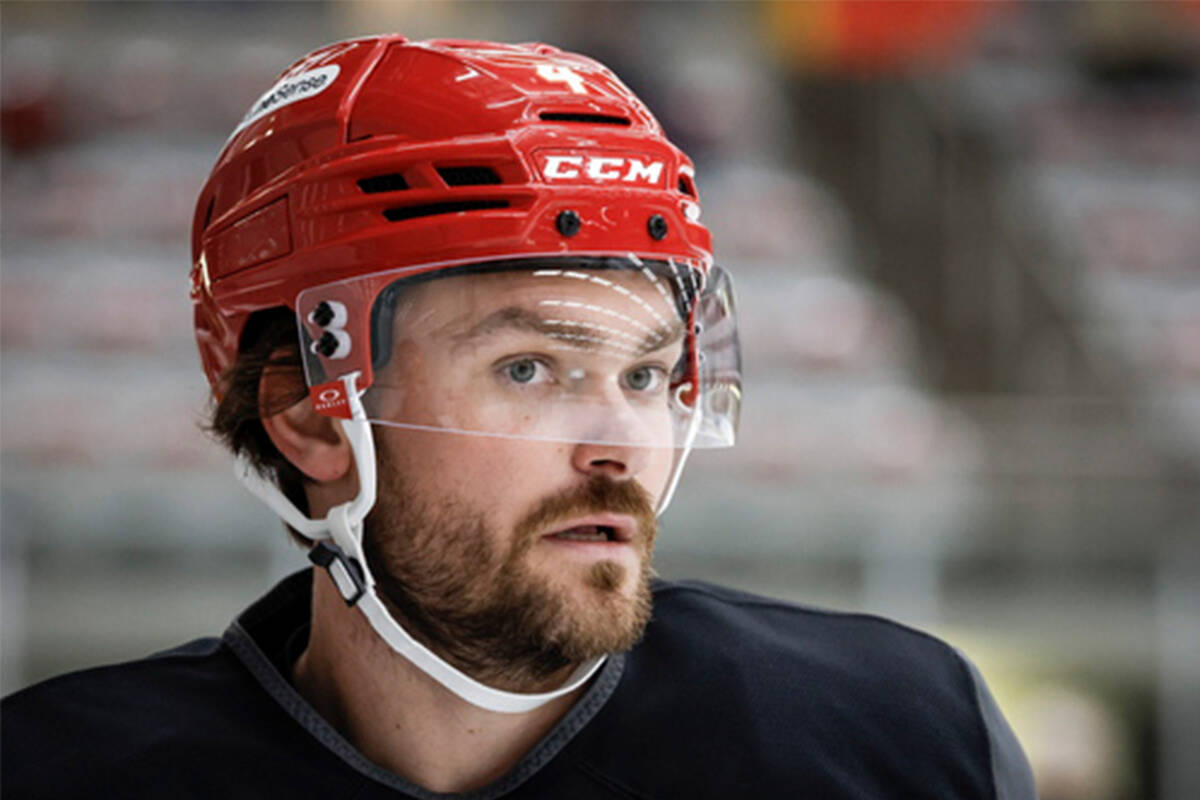 Calgary Flames' Rasmus Andersson (4) looks on during NHL training camp in Calgary, Alberta, Thu ...