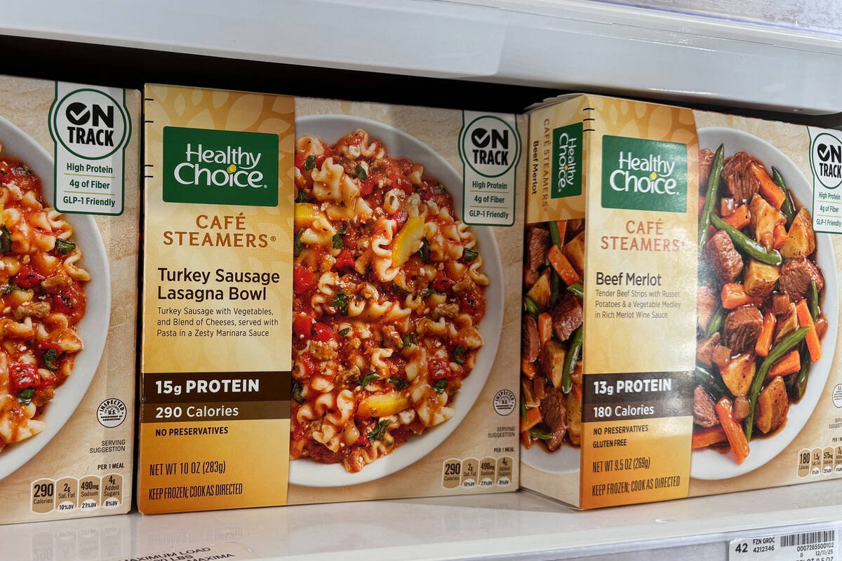 Meals with "GLP-1 Friendly" labels sit on the shelf of a Kroger grocery store Tuesday ...