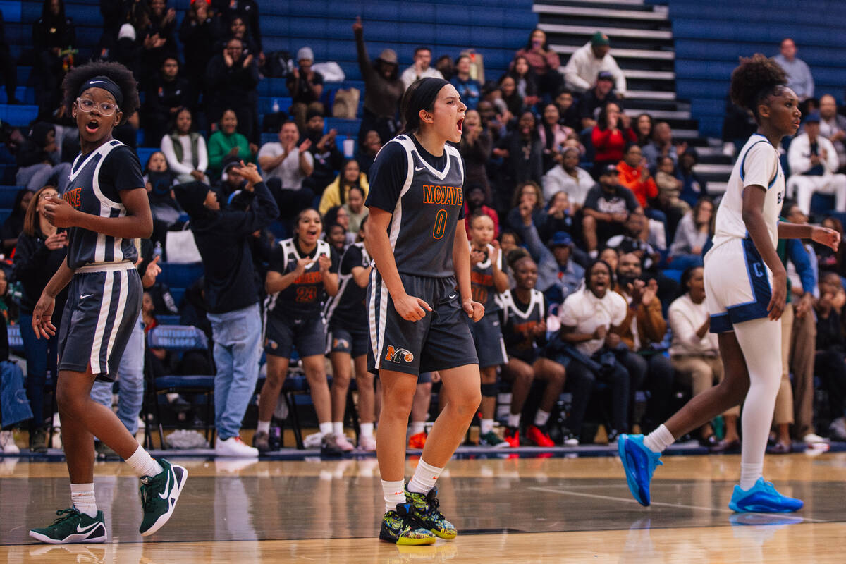 Mojave point guard Isabella Crawford (0) amps herself up during a girls basketball game against ...
