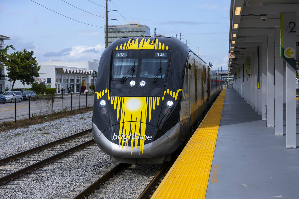 A train pulls in to the Brightline Aventura Station on Saturday, Jan. 17, 2026, in Miami. (L.E. ...