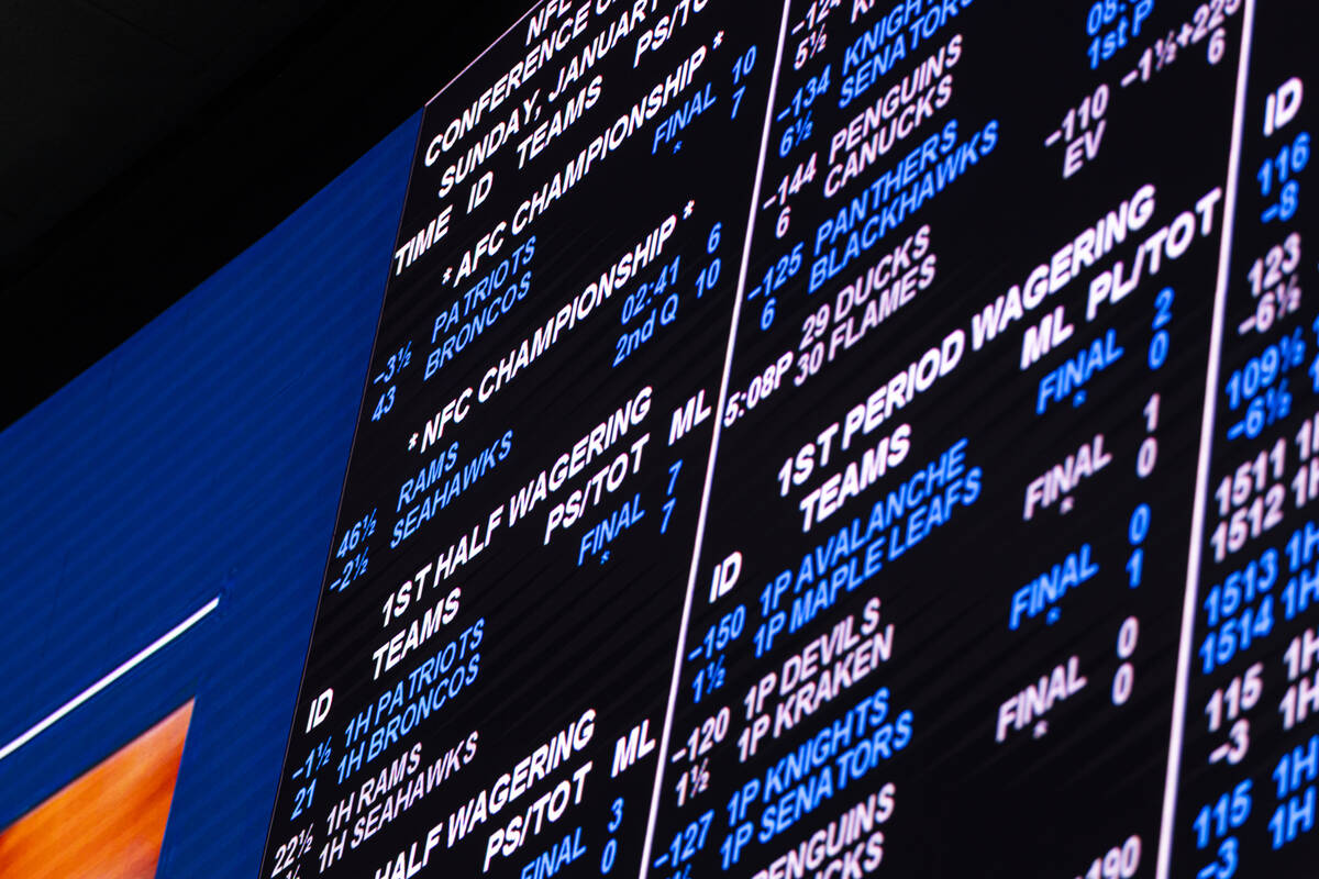Betting lines are seen during the NFC championship football game between the Rams and the Seaha ...
