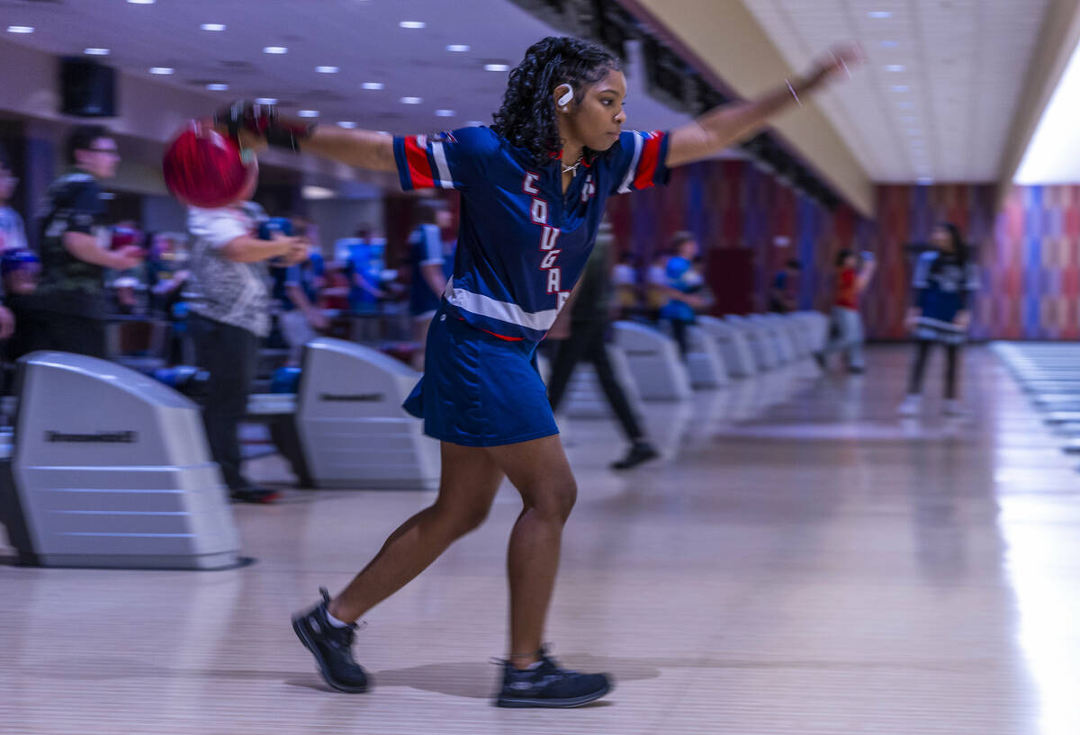Coronado bowler Calee Berry releases a throw as they take on Clark for their 5A high school gir ...