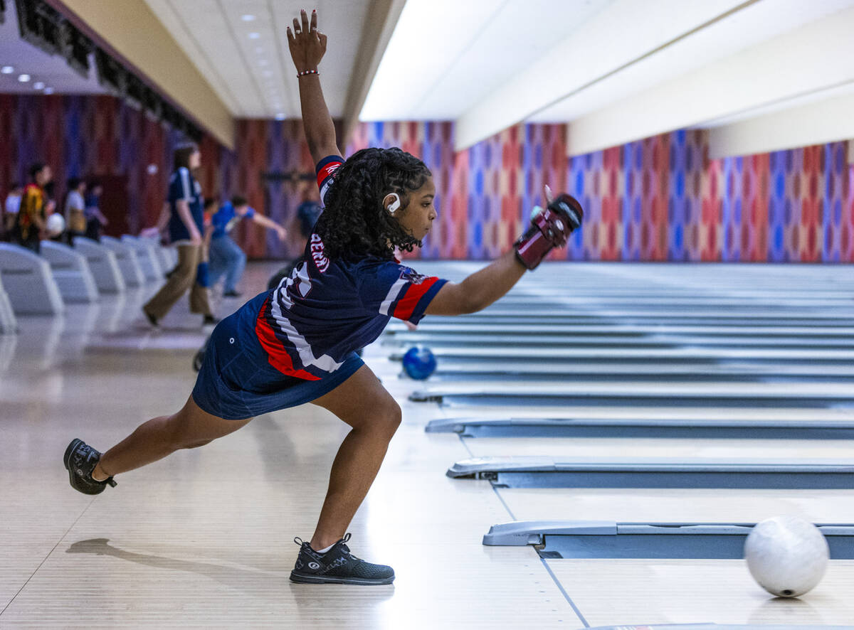 Coronado bowler Calee Berry releases a throw as they take on Clark for their 5A high school gir ...