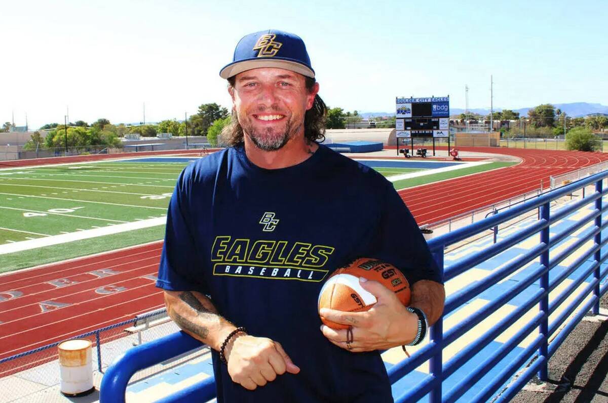 Boulder City High School football coach Frank "Bubba" Mariani poses for a portrait in July 2023 ...