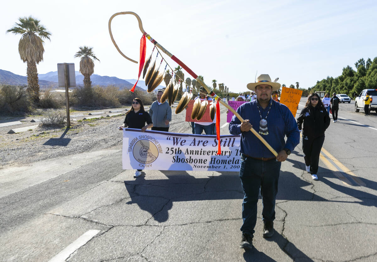 Trevor Stevens leads others as the Timbisha Shoshone tribe hosts a march to celebrate the 25th ...