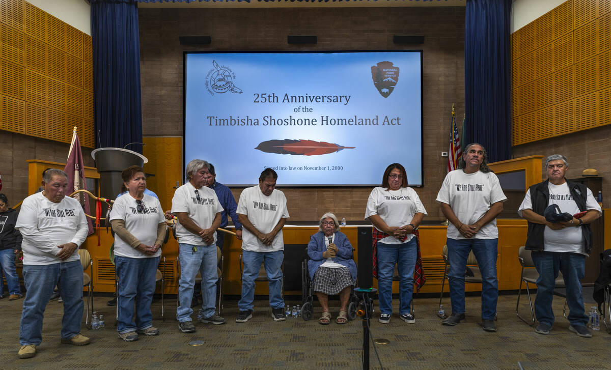 Timbisha Shoshone tribal members stand as elder Pauline Esteves, 101, gives a welcoming prayer ...