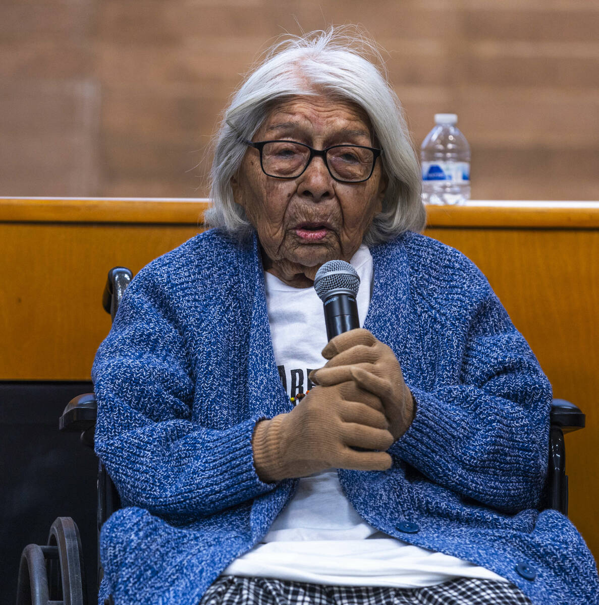 Timbisha Shoshone tribal elder Pauline Esteves, 101, gives a welcoming prayer during a gatherin ...