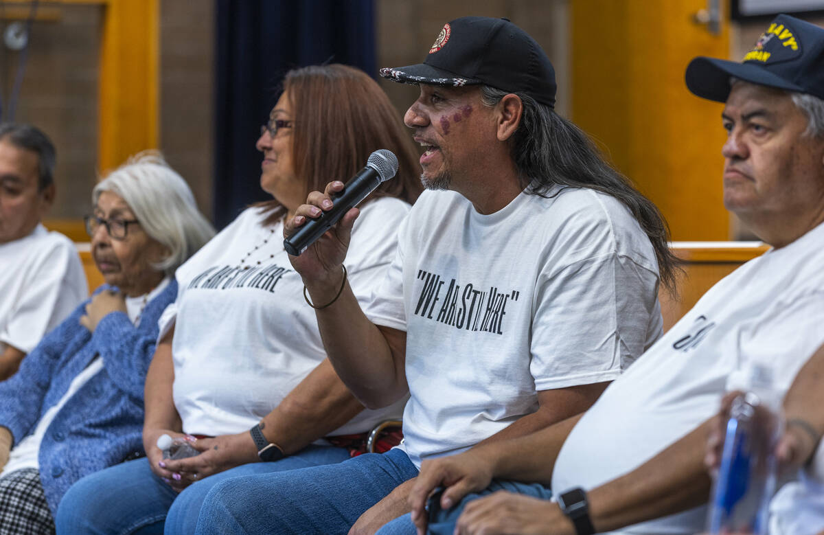 Timbisha Shoshone tribal member Jimmy-John Thompson speaks to other members and guests in a gat ...