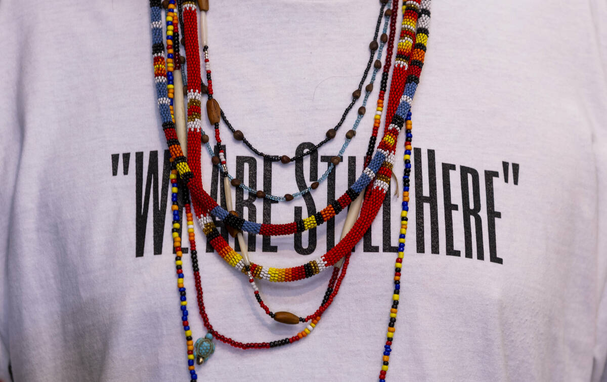 Timbisha Shoshone tribal member Raymond Redner wears a "We Are Still Here" T-shirt as tribal me ...