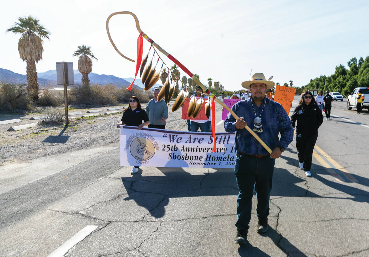 Trevor Stevens leads others as the Timbisha Shoshone tribe hosts a march to celebrate the 25th ...