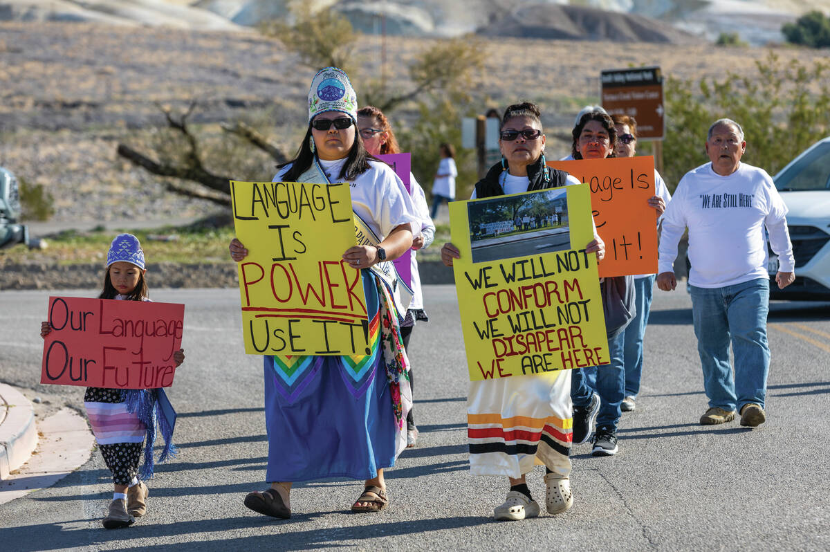 Timbisha Shoshone tribal members join a march to celebrate the 25th anniversary of the Timbisha ...