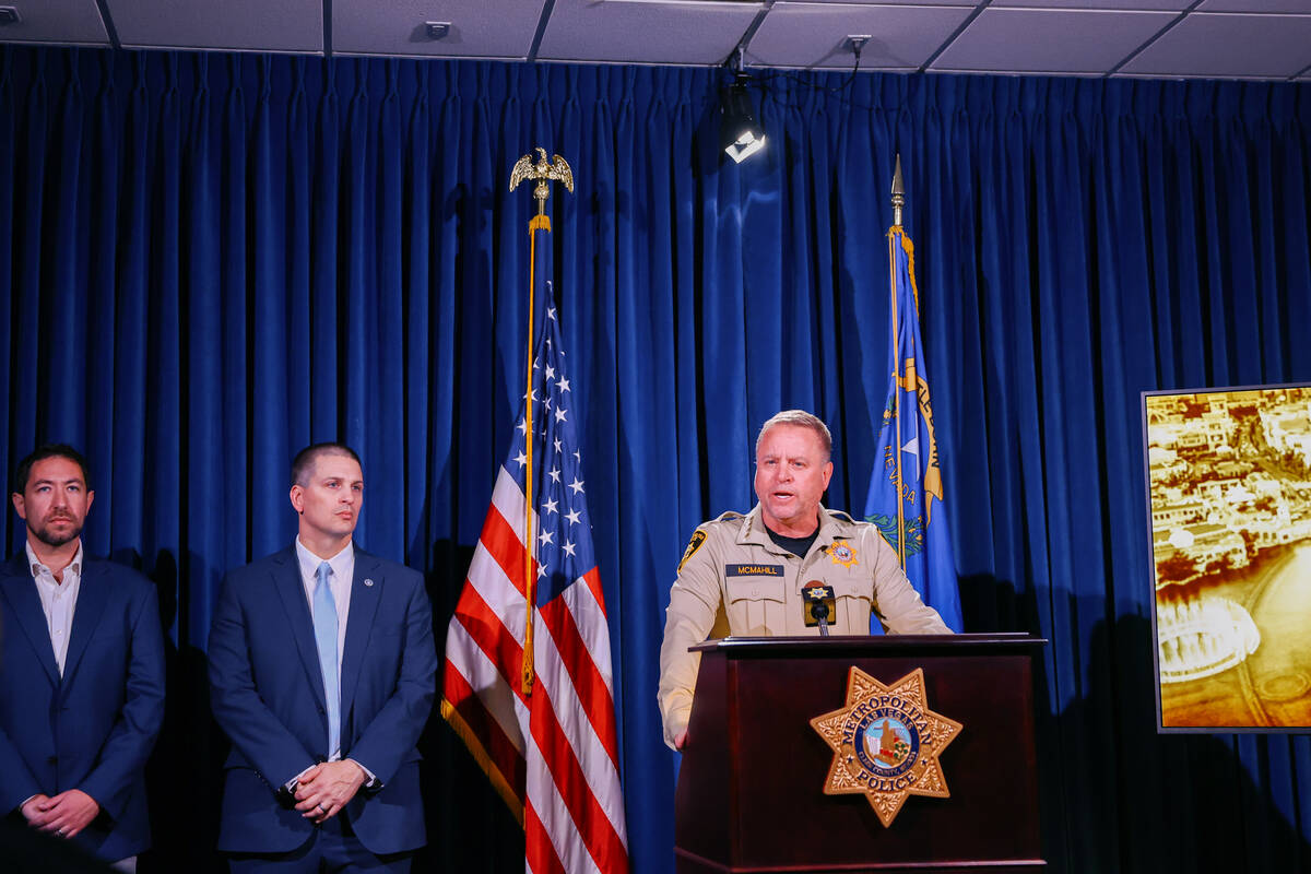 Clark County Sheriff Kevin McMahill speaks during a press briefing about a warrant that was ser ...