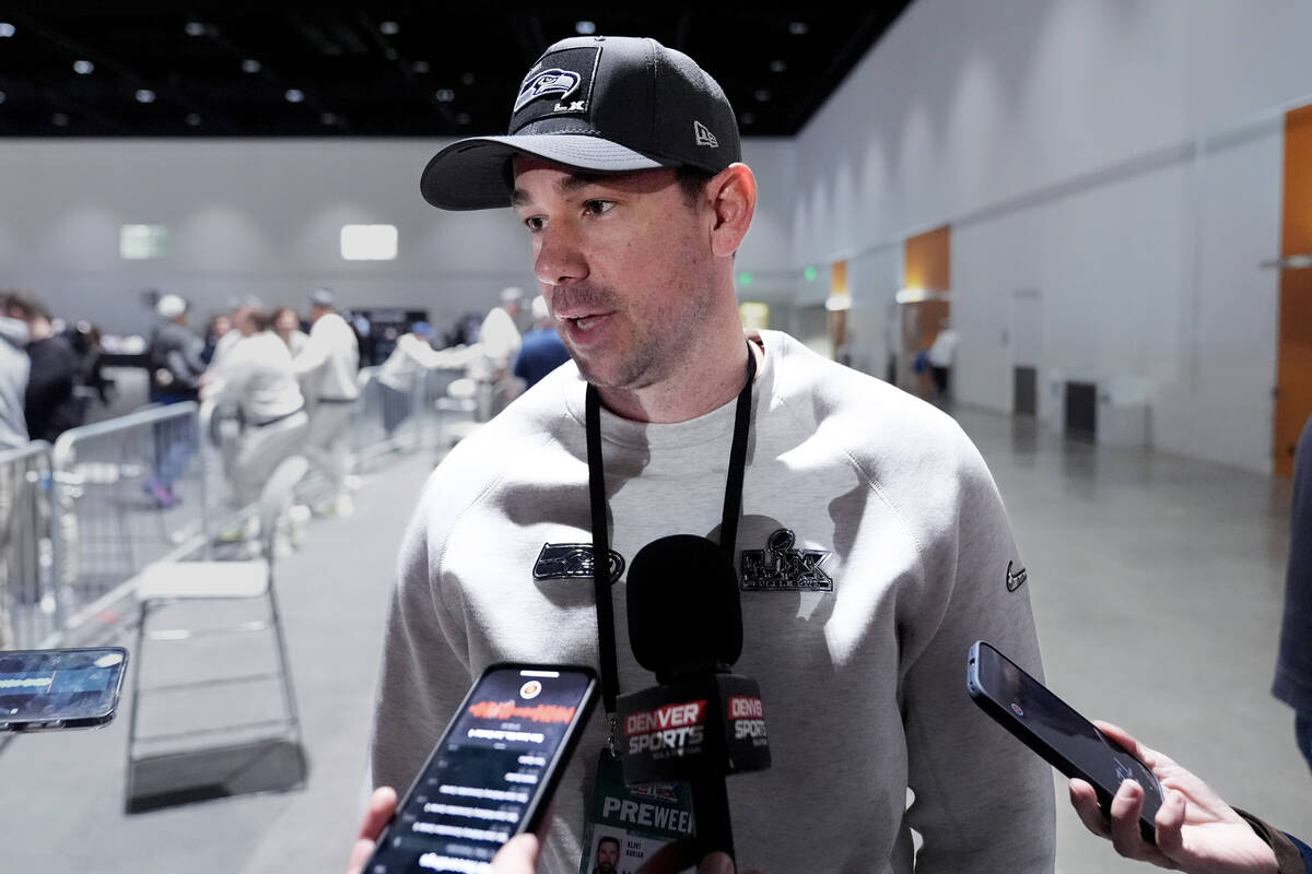 Seattle Seahawks offensive coordinator Klint Kubiak speaks during the NFL Super Bowl Opening Ni ...