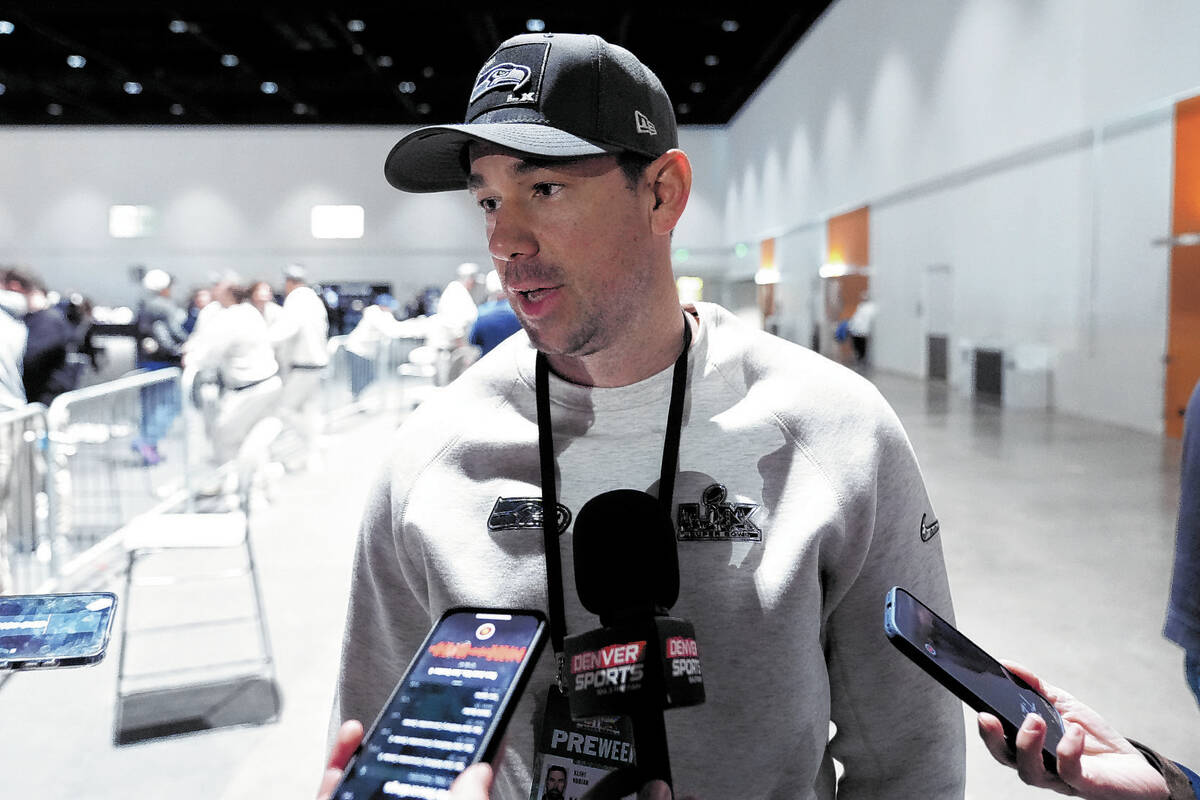 Seattle Seahawks offensive coordinator Klint Kubiak speaks during the NFL Super Bowl Opening Ni ...