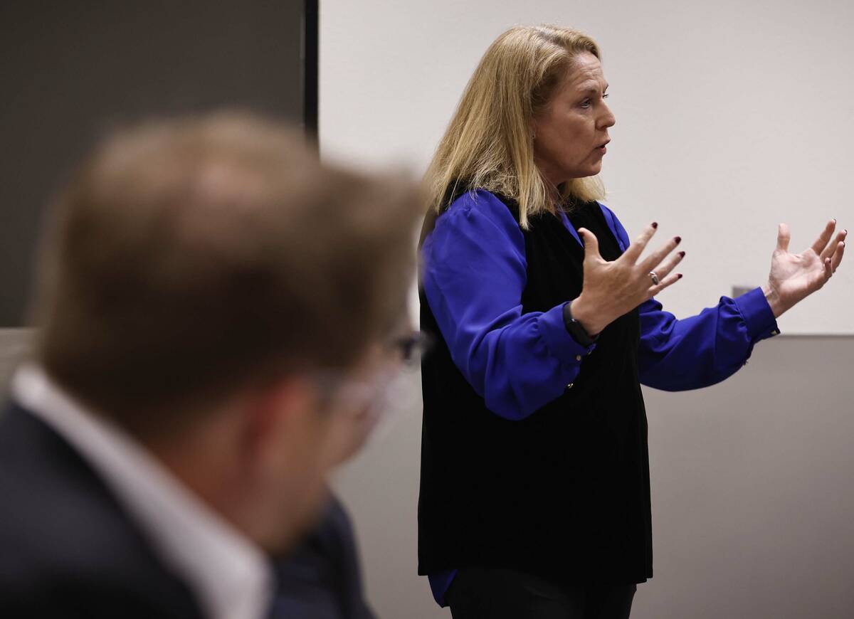 Mayoral candidate Hollie Chadwick speaks during a forum at Black Mountain Recreation Center Mon ...