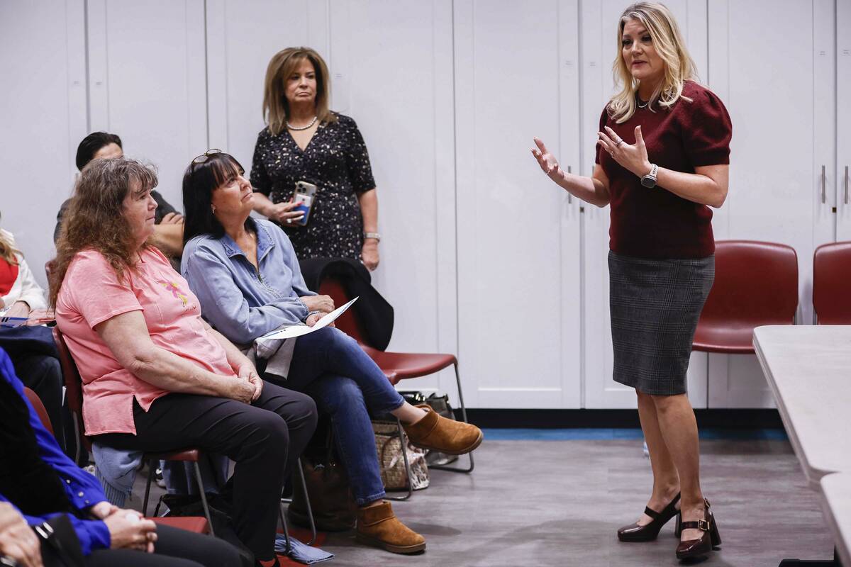 Henderson Mayor Michelle Romero, right, speaks during a forum at Black Mountain Recreation Cent ...