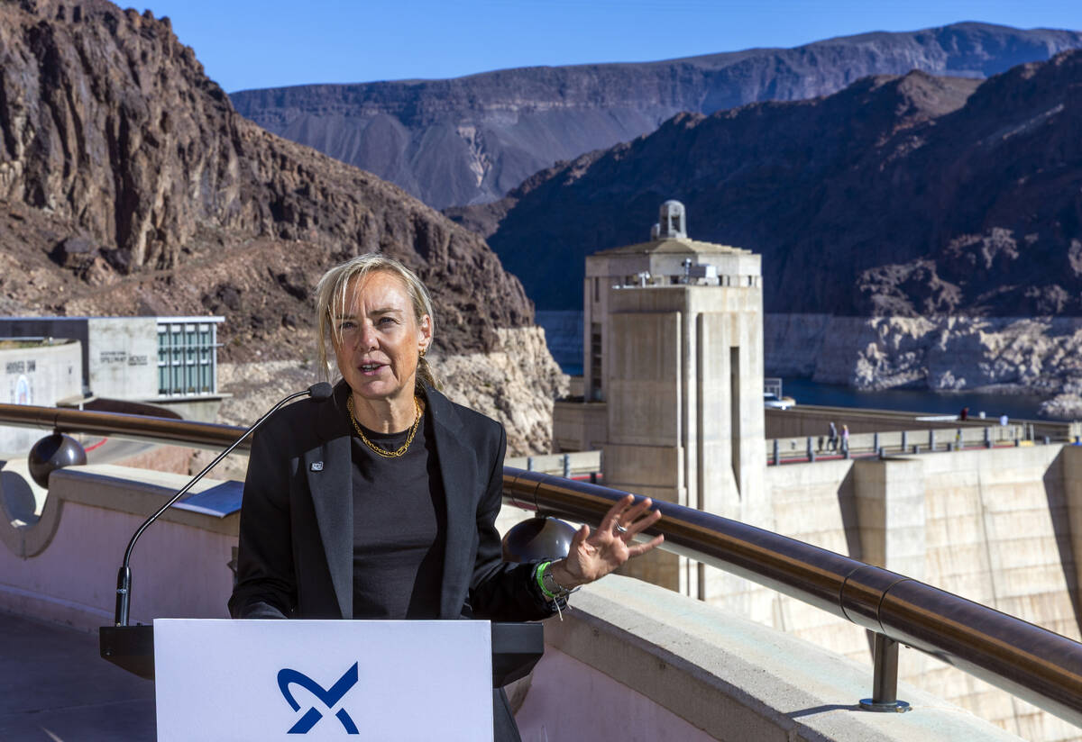 Global water advocate Mina Guli speaks during a press conference at Hoover Dam on Tuesday, Feb. ...
