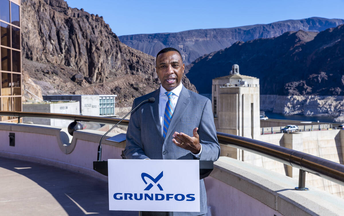 Ansell Sims, president of Grundfos USA, speaks during a press conference at Hoover Dam on Tuesd ...