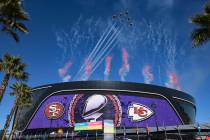The U.S. Air Force Thunderbirds fly over Allegiant Stadium before the start of Super Bowl 58 be ...