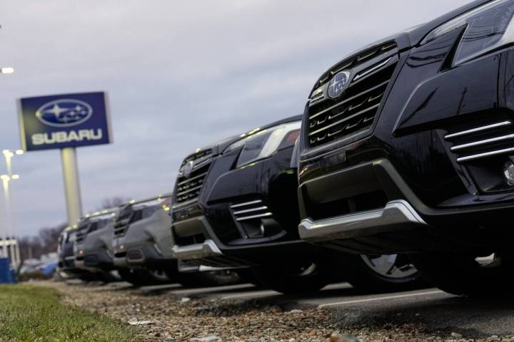 Subarus sit parked at a dealership on the Bedford Auto Mile in Bedford, Ohio, Friday, Feb. 20, ...