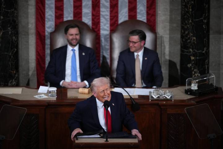U.S. President Donald Trump, with Vice President JD Vance, left, and Speaker of the House Mike ...