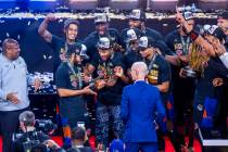 New York Knicks guard Jalen Brunson (11) is awarded the MVP trophy as he and teammates celebrat ...