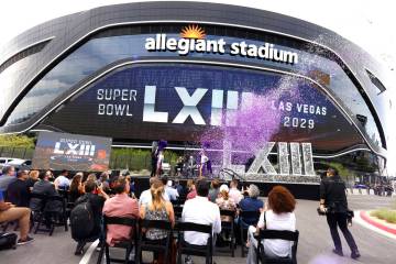 Confetti cannons erupted in celebration outside Allegiant Stadium on Monday, March 30, 2026, af ...