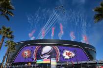The U.S. Air Force Thunderbirds fly over Allegiant Stadium before the start of Super Bowl 58 be ...